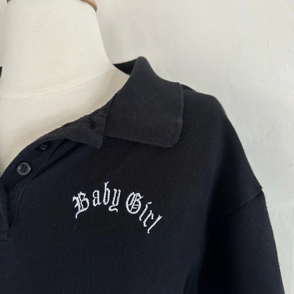 Faded Rose Women T-Shirt Polo Crop Top Sz Med Black Collared Stretch Baby Girl - Picture 3 of 6